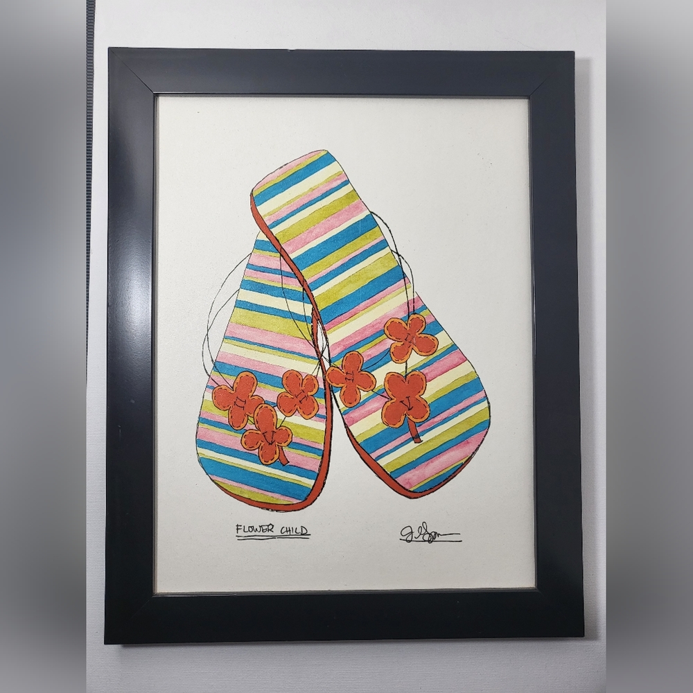 Jennifer Goldberger "Flower Child" Woman's Flip Flops Sandals Framed Litho Print